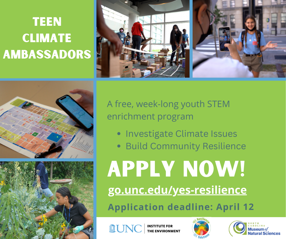 Application announcement for Teen Climate Ambassadors Program with photos of youth participants in past programs.